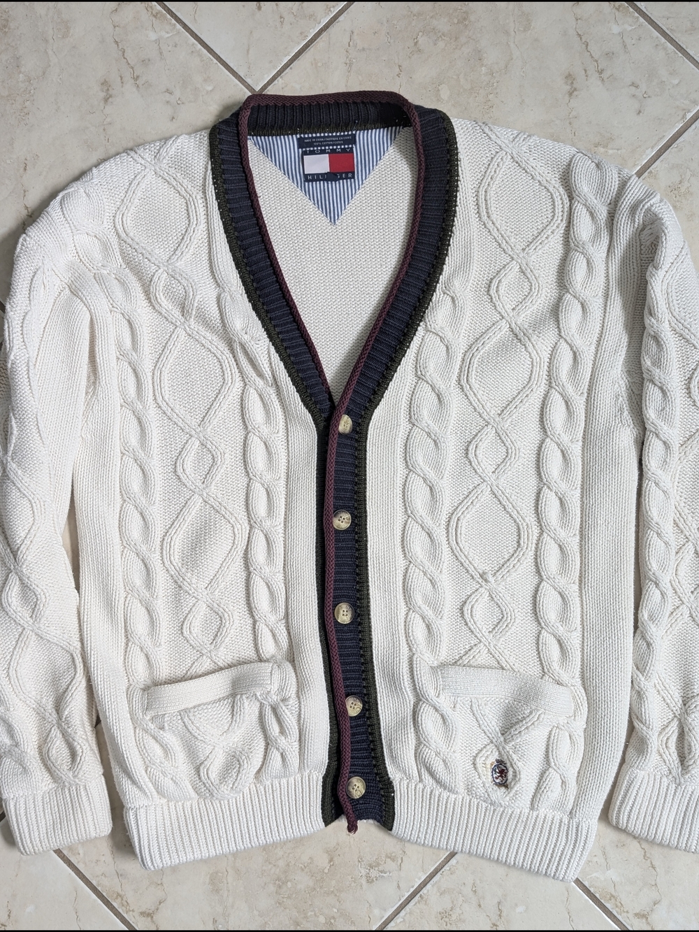 Rare Vintage Tommy Hilfiger Cream Cable Knit Cardigan with Navy & Burgundy Trim
